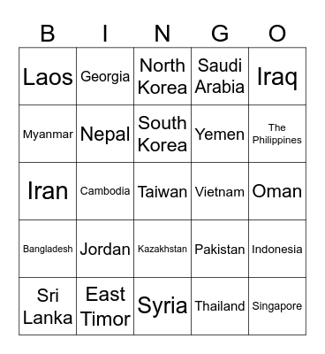 Asian Countries Bingo Card