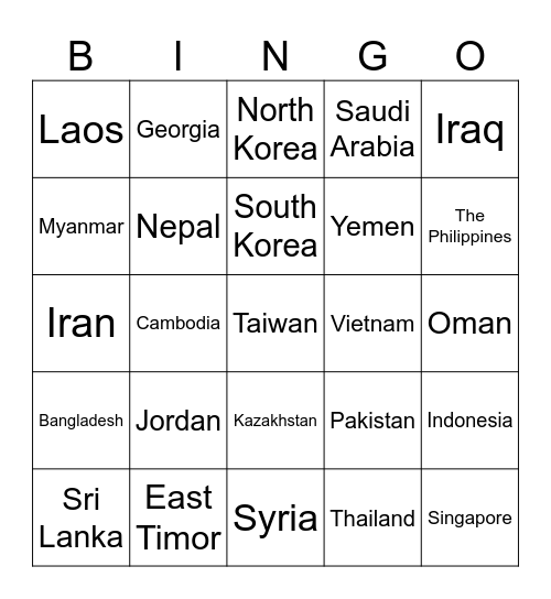 Asian Countries Bingo Card