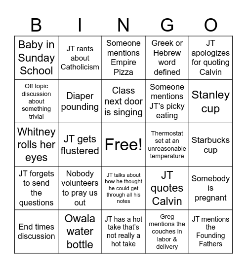 JT/Sunday School Bingo Card