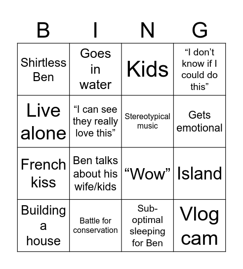 Ben Fogle Bingo Card