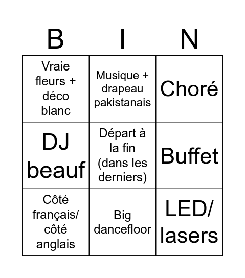 Mariage Bingo Card