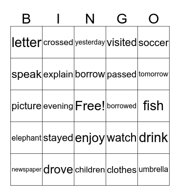 Nouns~Verbs Bingo Card