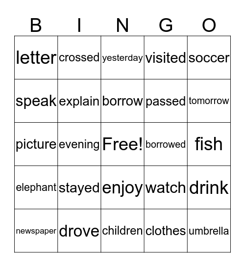 Nouns~Verbs Bingo Card