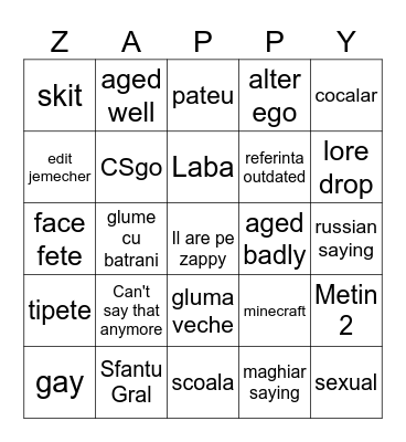 Zappy Bingo Card