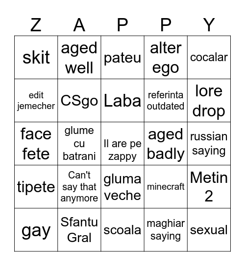 Zappy Bingo Card