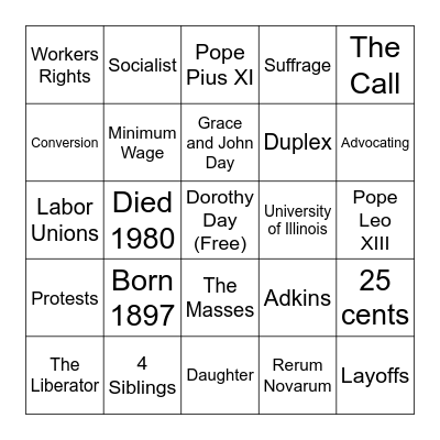 Dorothy Day Bingo Card
