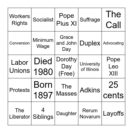 Dorothy Day Bingo Card