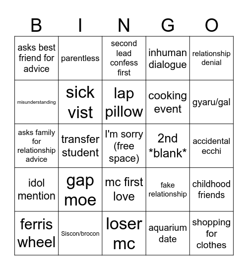 Romance Reading Bingo Card