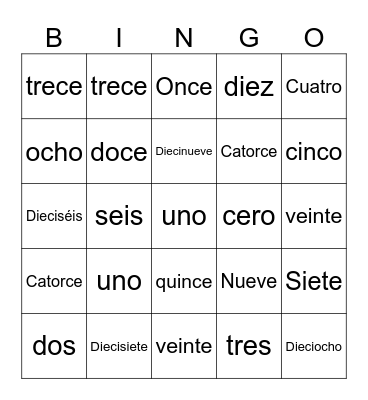 Bingo 1 -20 Bingo Card