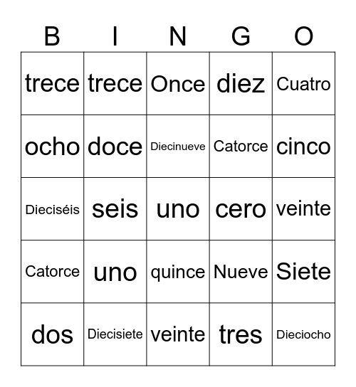 Bingo 1 -20 Bingo Card