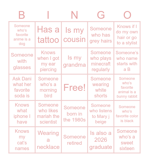 Dani’s Human Bingo ☆ Bingo Card