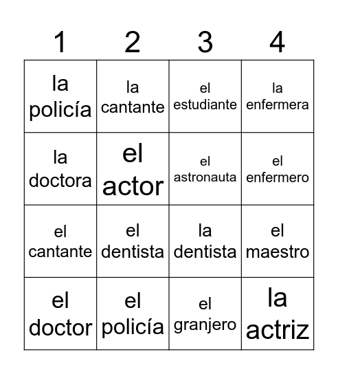 Las Profesiones Bingo Card