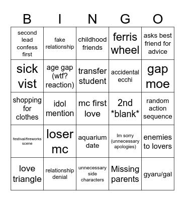 Romance Slop Bingo Card