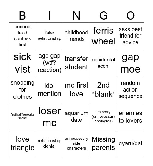 Romance Slop Bingo Card