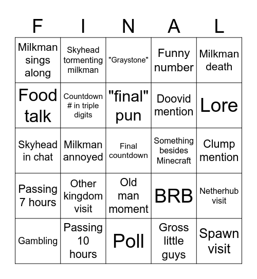 Final Songathon Bingo Card