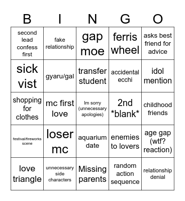 Romance Slop Bingo Card