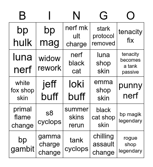 rivals s8 Bingo Card