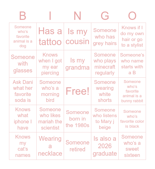 Dani’s Human Bingo ☆ Bingo Card