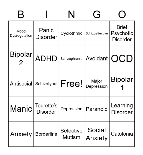 Diagnosis Bingo Card