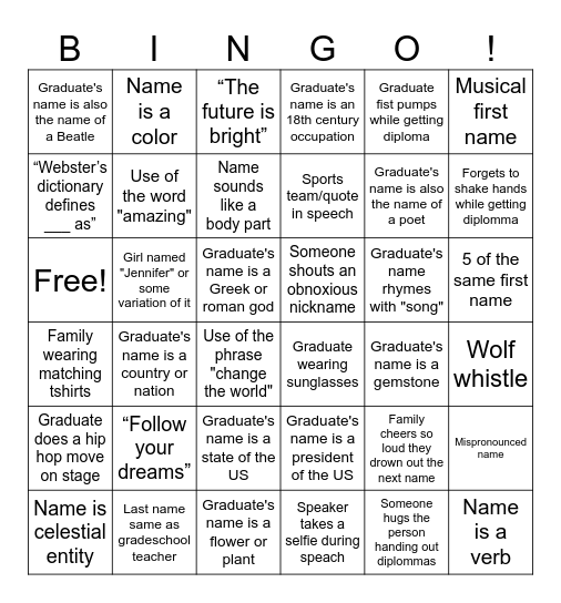 Graduation Bingo Card