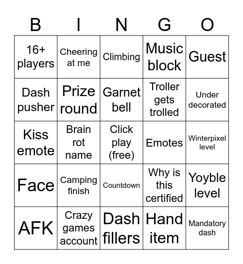 Goober dash bingo Card