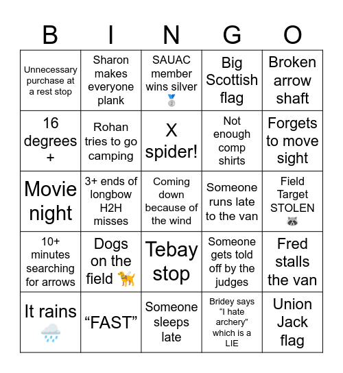 BUCS Outdoors Bingo Card