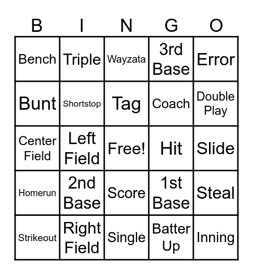 Softball Bingo Card