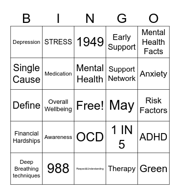 Mental Health Awareness Bingo Card