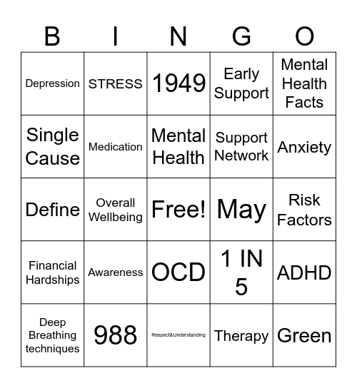 Mental Health Awareness Bingo Card