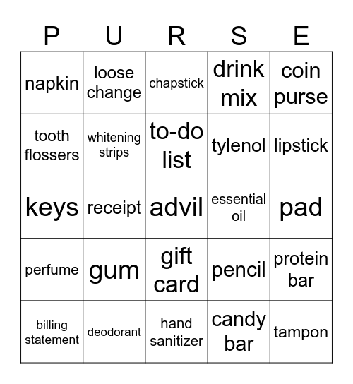 What's in Your Purse? Bingo Card