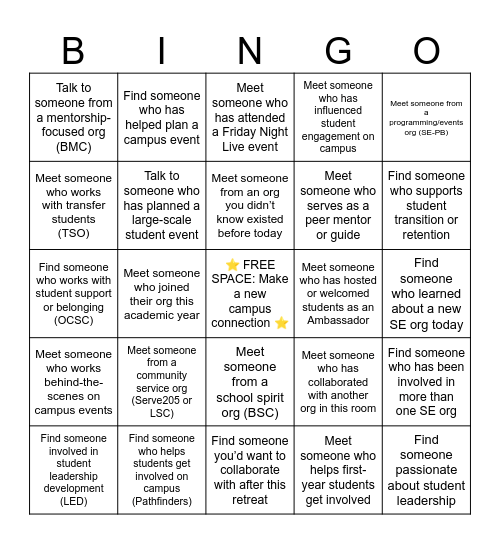 Student Engagement Networking Bingo Card