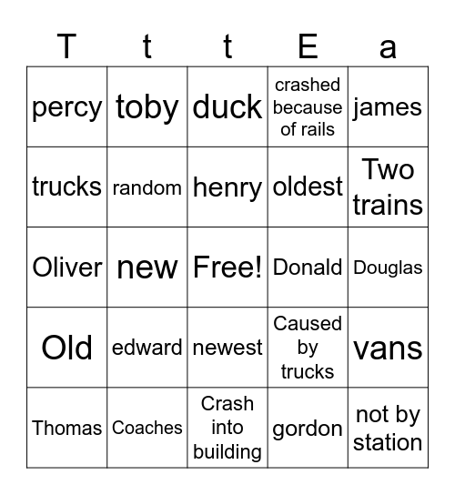 thomas and friends crashes Bingo Card