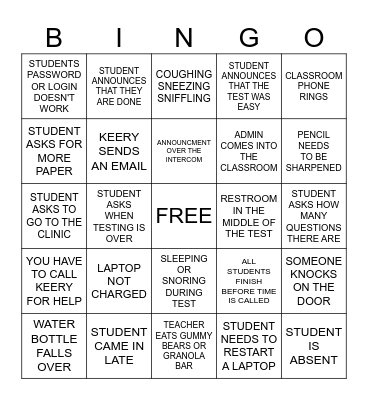 TEACHER TEST DAY BINGO Card