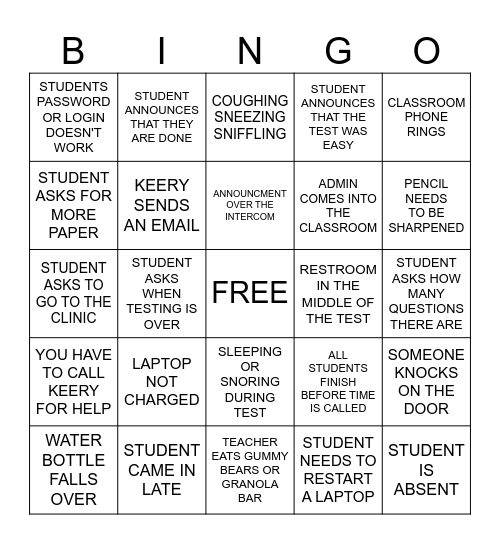 TEACHER TEST DAY BINGO Card