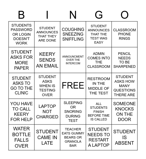 TEACHER TEST DAY BINGO Card