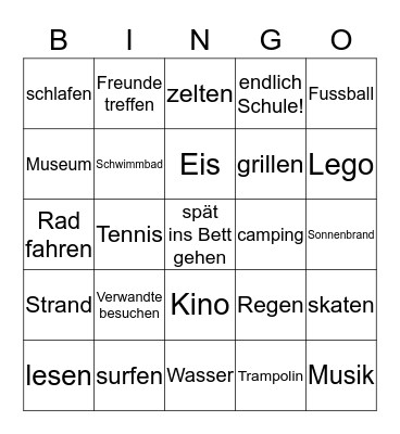 Sommerferien Bingo Card