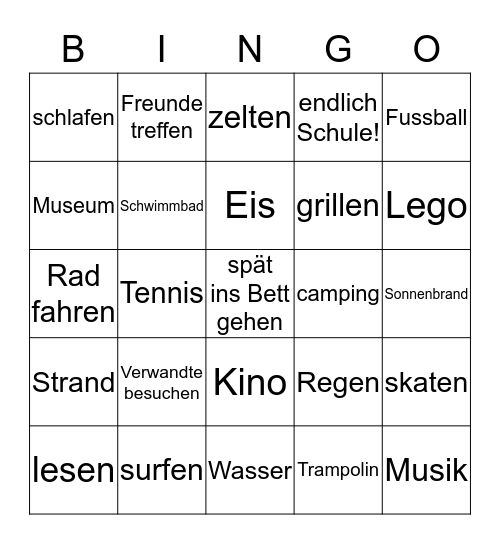 Sommerferien Bingo Card