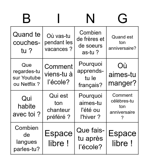 Question Words Bingo Card