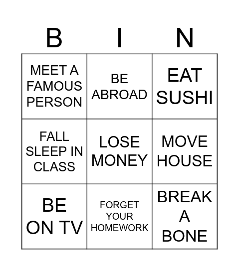 EXPERIENCES BINGO Card