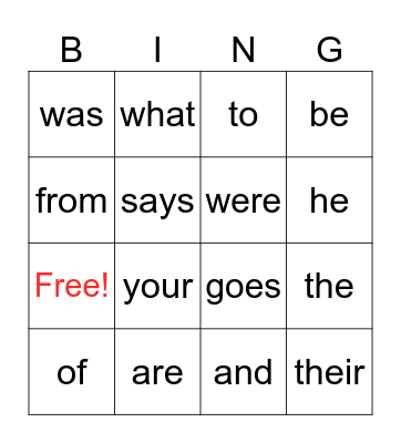 Heart Words Bingo Card