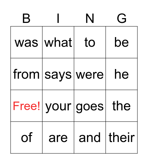 Heart Words Bingo Card