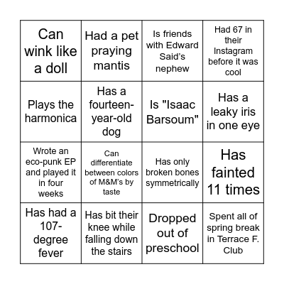Sunrise Bingo Card
