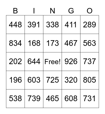 Place Value Bingo Card