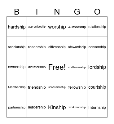 Suffix -ship Bingo Card