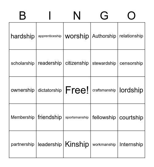 Suffix -ship Bingo Card