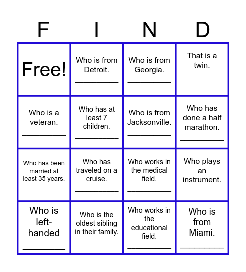 Find Me- Getting to Know My Family-1 Bingo Card