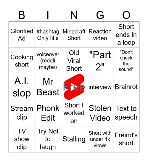 YouTube Shorts Bingo Card