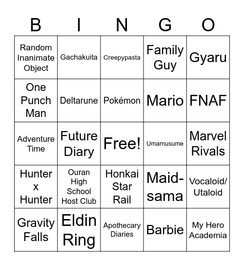 Cosplay bingo Card