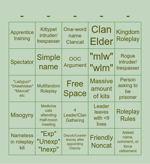 WC:UE Public Server Bingo Card