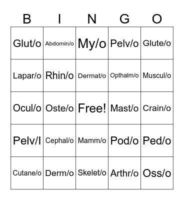 Medical Terminology Roots Bingo Card